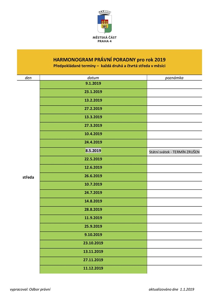 Harmonogram právní poradny pro 2019 Harmonogram právní poradny pro 2019