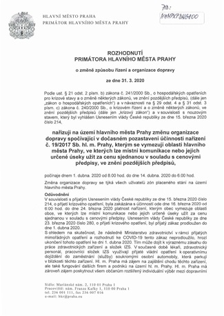 Rozhodnutí primátora hl. m. Prahy o změně způsobu řízení a organizace dopravy ze dne 31.3.2020