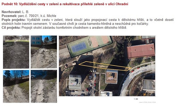 Podnět 10: Vydláždění cesty v zeleni a rekultivace přilehlé zeleně v ulici Ohradní Podnět 10: Vydláždění cesty v zeleni a rekultivace přilehlé zeleně v ulici Ohradní
