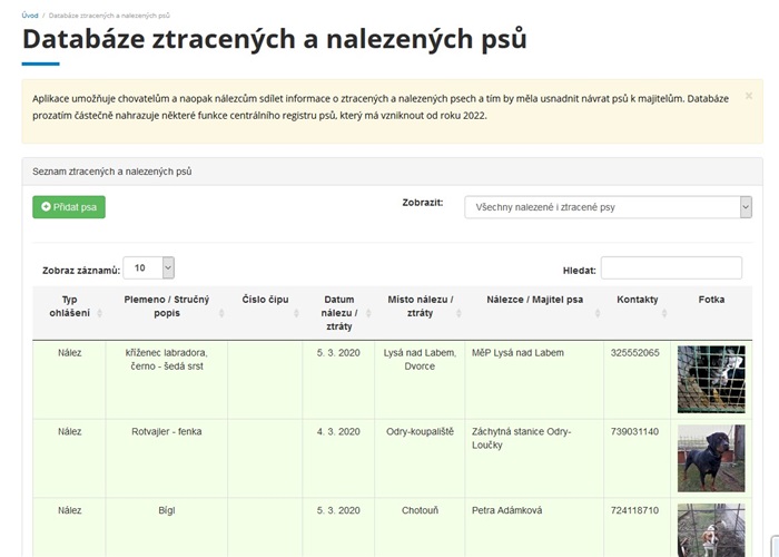 Databáze ztracených a nalezených psů - web Databáze ztracených a nalezených psů - web