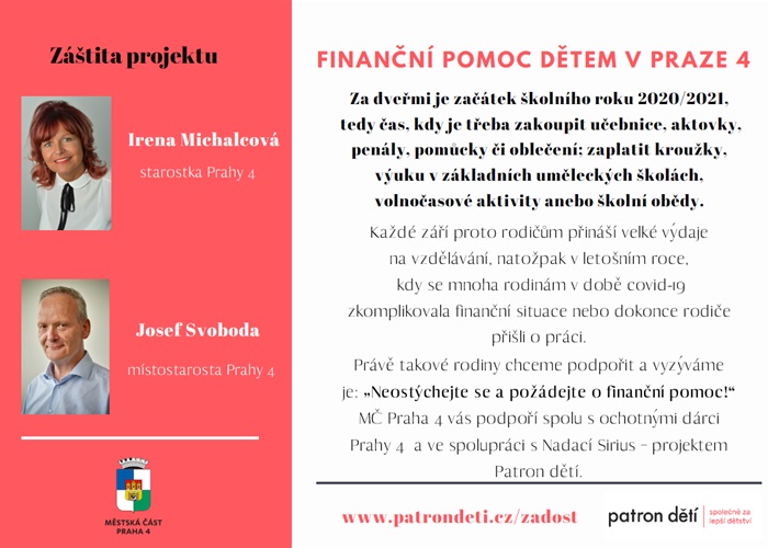 Neostýchejte se požádat o pomoc, například v rámci projektu Patron dětí, provozovaného Nadací Sirius. Tu městská část Praha 4 propojila s dárci, kteří jsou ochotni přispět dětem ze sociálně a zdravotně znevýhodněných rodin. Neostýchejte se požádat o pomoc, například v rámci projektu Patron dětí, provozovaného Nadací Sirius. Tu městská část Praha 4 propojila s dárci, kteří jsou ochotni přispět dětem ze sociálně a zdravotně znevýhodněných rodin.