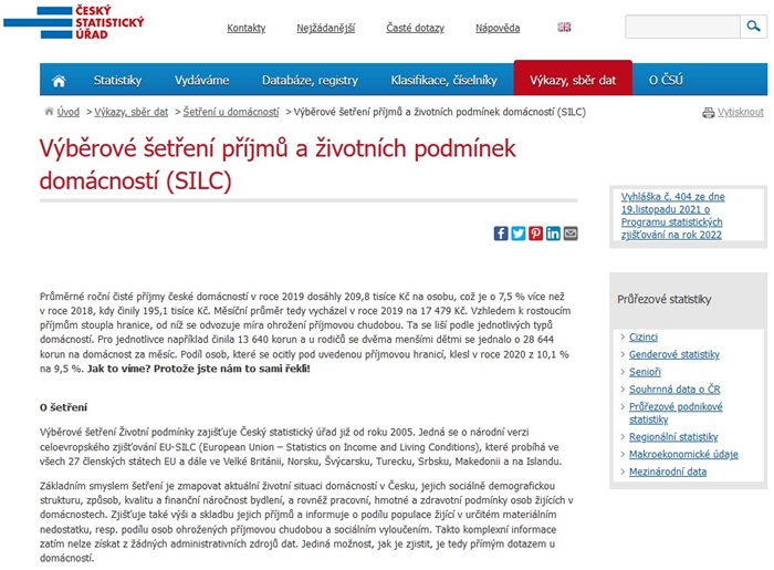 Výběrové šetření příjmů a životních podmínek domácností (SILC)