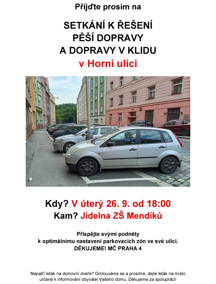 Pozvánka: setkání k řešení pěší dopravy a dopravy v klidu v Horní ulici.