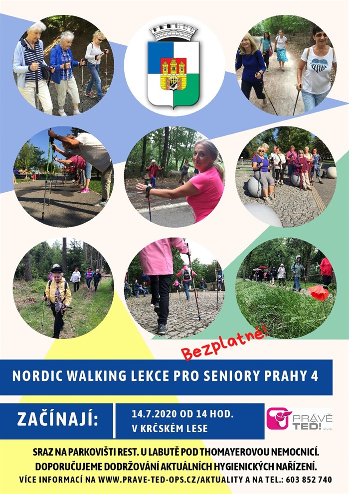 Lekce Nordic Walking pro seniory z MČ Praha 4 pokračují i letos. Oblíbené procházky pro seniory opět startují v polovině července. První sraz je již 14. července 2020 ve 14 hodin na parkovišti restaurace U Labutě pod Thomayerovou nemocnicí. 

