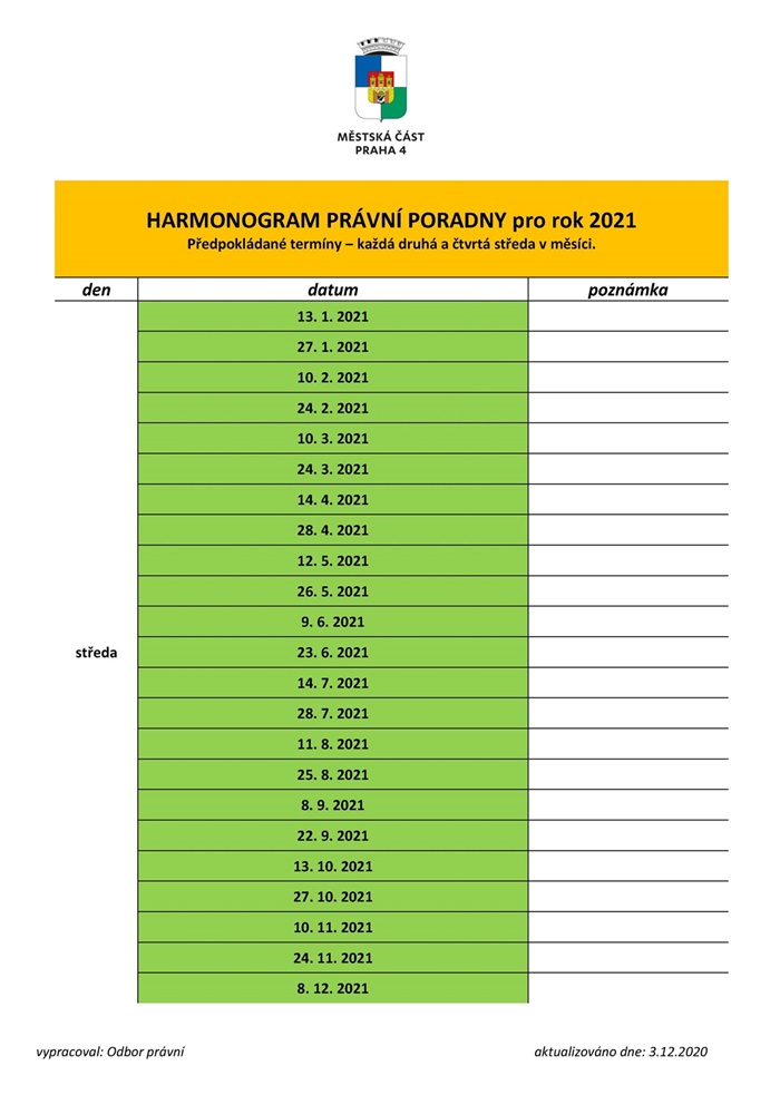HARMONOGRAM PRÁVNÍ PORADNY 2021