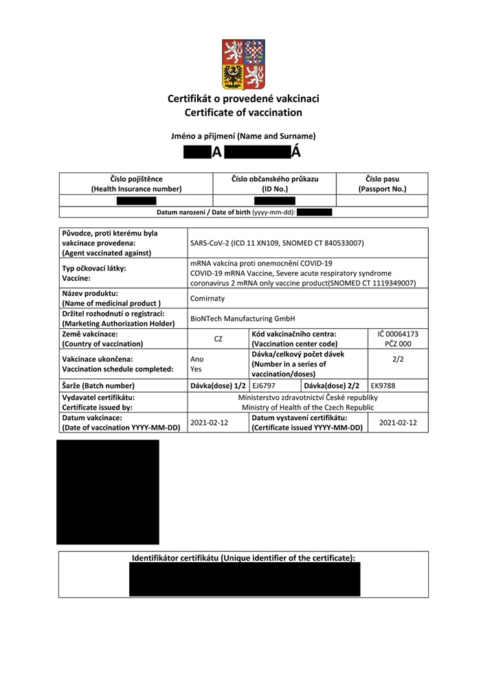 Očkovací certifikát - ukázka