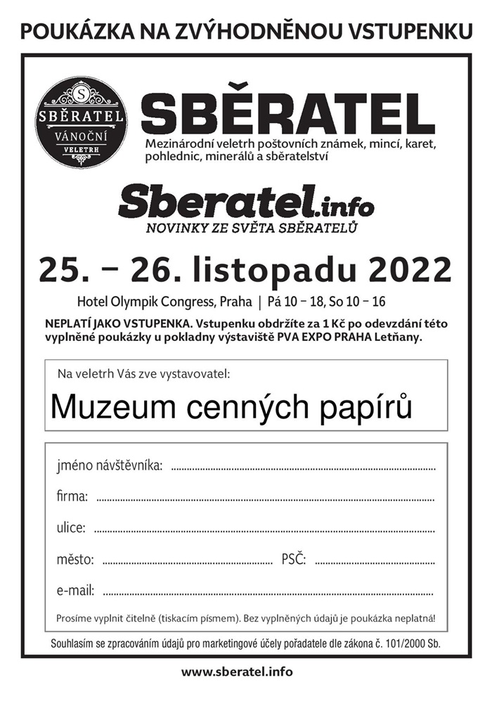 Poukaz na vstupenku k účasti na vánoční veletrh Sběratel.